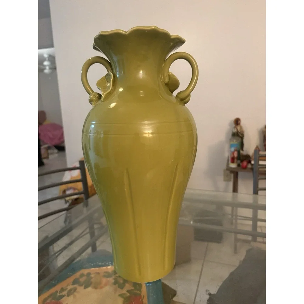 VTG Avocado Chartreuse Green Ceramic Urn Vase Double Handle Scalloped Rim 16